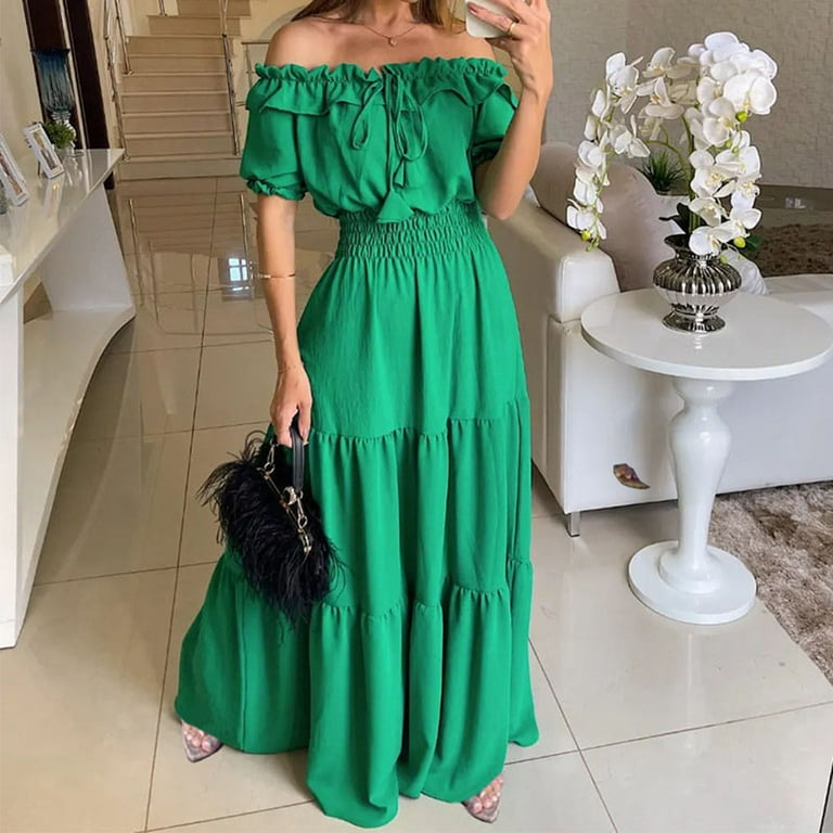 Off The Shoulder Maxi Dresses for Women Elegant Party Evening Smocked Waist  Ruffle Tiered Long Dress with Sleeve