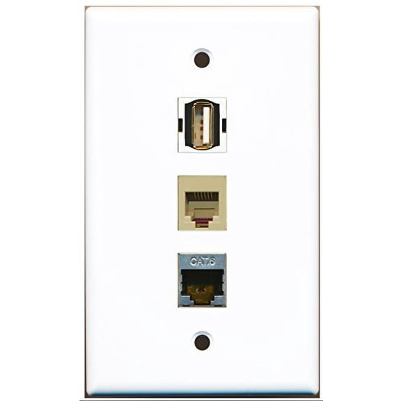 RiteAV - 1 Port USB A-A and 1 Port Phone RJ11 RJ12 Beige and 1 Port Shielded Cat6 Ethernet Wall Plate