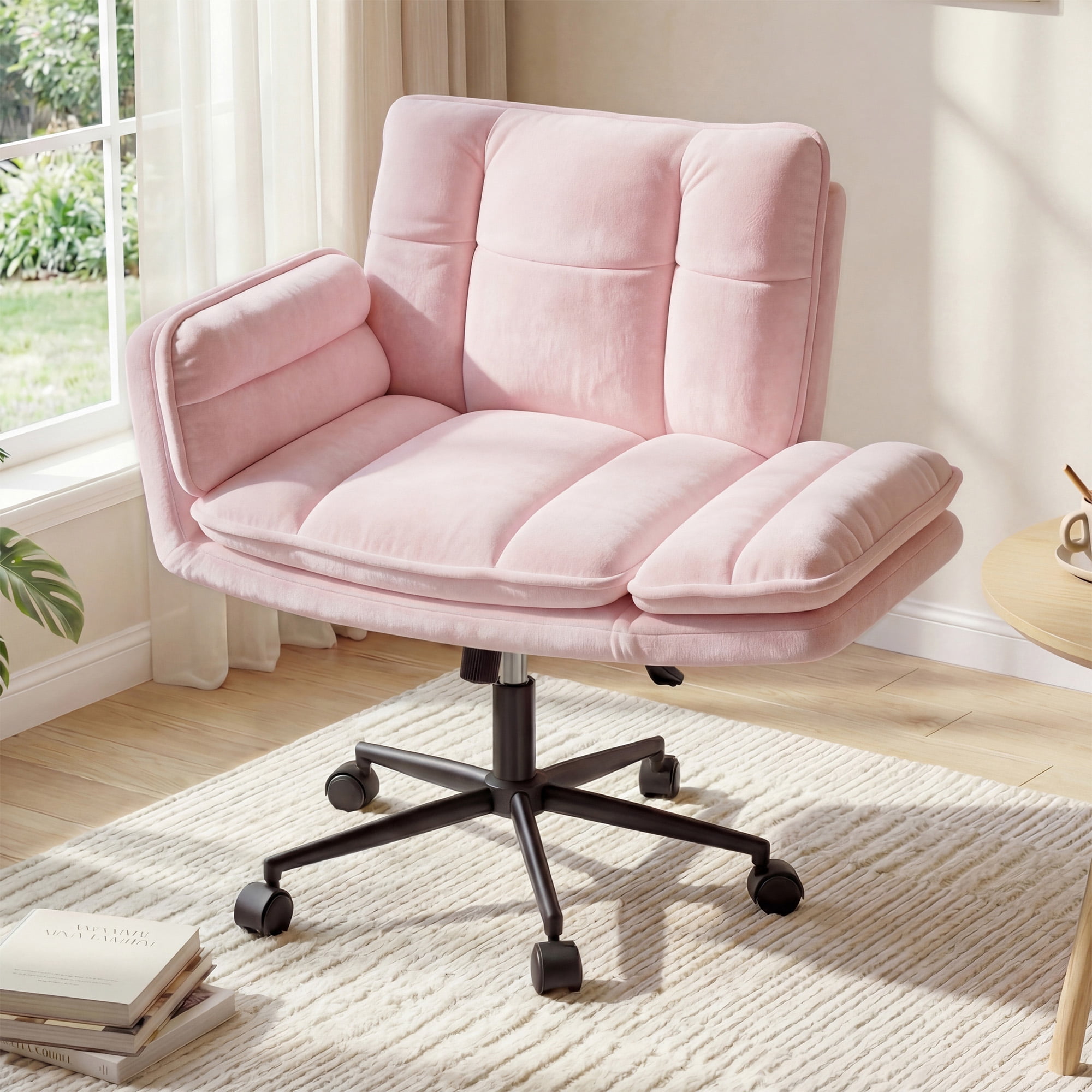 Romorgniz Criss Cross Chair with Wheels Plush Fleece Vanity Chair with 5-Gear Adjustable Armrests Ergonomic Office Chair for Home Office, Pink