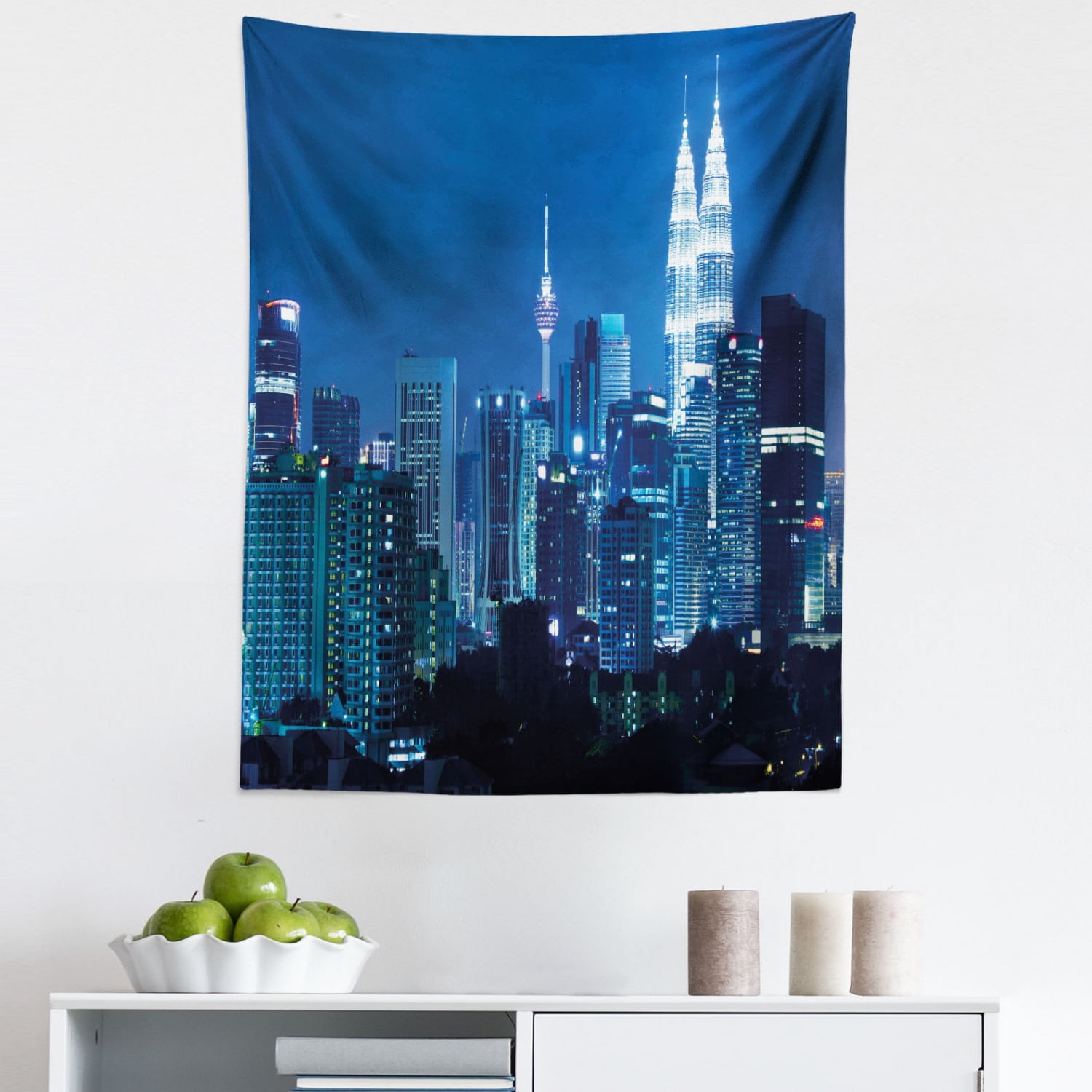 Landscape Tapestry, Kuala Lumpur Skyline Night KLCC Twin Towers Malaysian Landmark Monochromic 