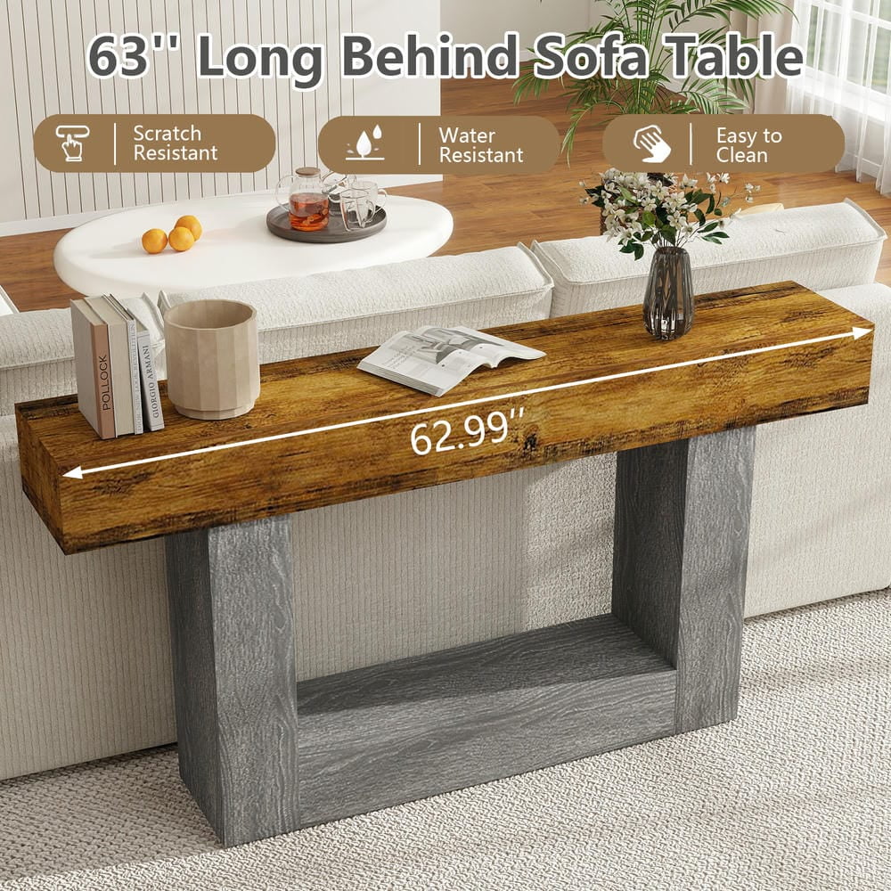 Barara King Console Table, Entryway Table, Console Sofa Table, Display Shelf,63" Wood Console Table, Farmhouse 2-Tier Sofa Table Entryway Table,Brown