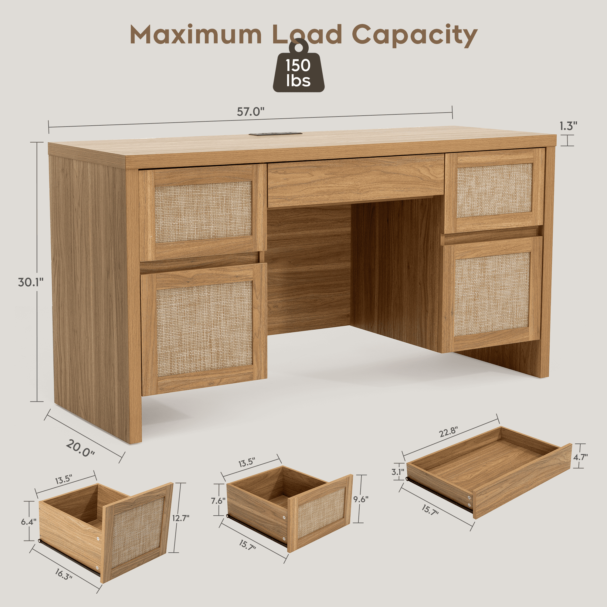 Brafabhome 57" Rattan Executive Desk with 5 Storage Drawers, Modern Study Writing Table Wooden Computer Desks with Charging Station for Home Office Bedroom | Oak