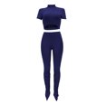 thumbnail image 6 of Women Fitted 2 Piece Outfits Short Sleeve Turtleneck Cutout Crop Top with Long Split Pants Legings Set Clubwear, 6 of 7