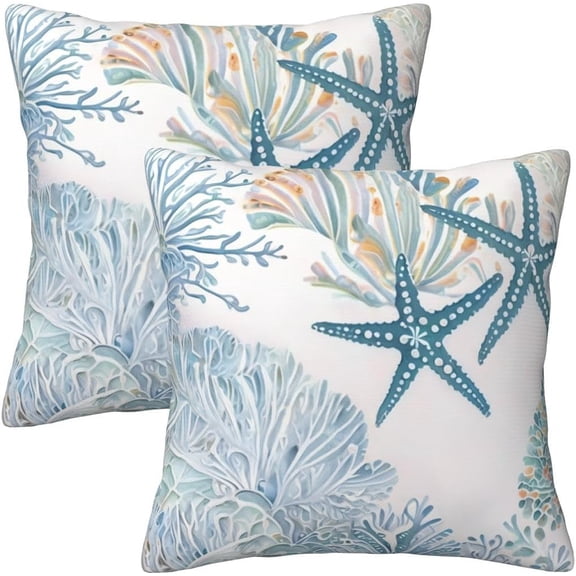 Coastal Beach Pillow Covers 18x18 Set of 2, Ocean Themed Seashell Coral Starfish Throw Pillow Covers Outdoor Decorative Pillow Case Beach Throw Pillows Covers (Seashell Coral Starfish, 18x18)