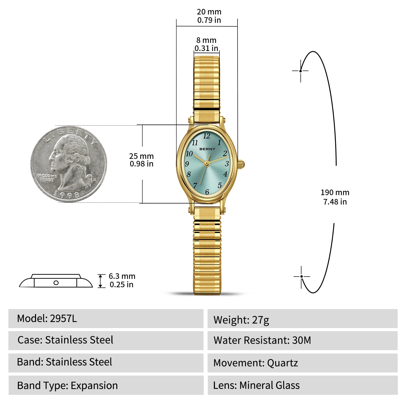 BERNY Small Gold Watches for Women, Dainty Luxury Oval Dial, Expansion Band Watch, Fashion Ladies Analog Quartz Watch, Waterproof Women Wristwatch Gifts, Light Blue