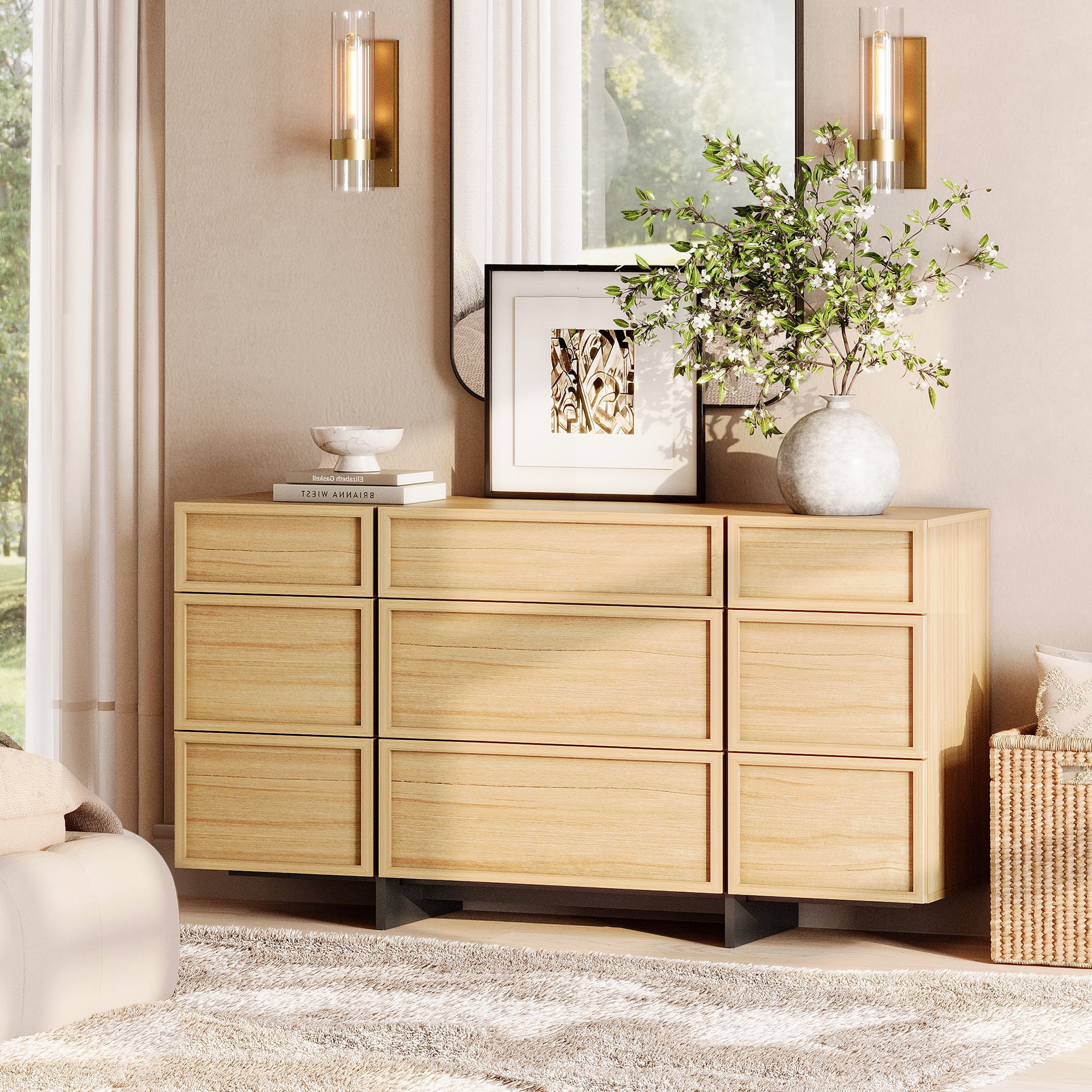 Modern Wooden Dresser with 9 Drawers and T-Shaped Wood Legs, Multi-Functional Chest of Drawers Storage Cabinet Closet Organizer for Bedroom, Hallway, Living Room, Oak