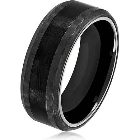 Crucible Black IP Brushed Stainless Steel Carbon Fiber Beveled Comfort Fit Ring (8mm)