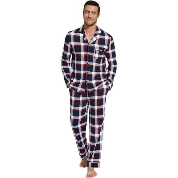 WiWi Men's Viscose from Bamboo Pajama Set Long Sleeve Sleepwear Button Down Pajamas Sets Pjs S-XXL, Navy/Red Stripe Plaid, Large