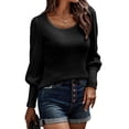 thumbnail image 1 of Jersey de mujer Top Rib Knit Lantern Manga larga Cuello en U Suéter de color puro para otoño invierno Negro XL, 1 of 6