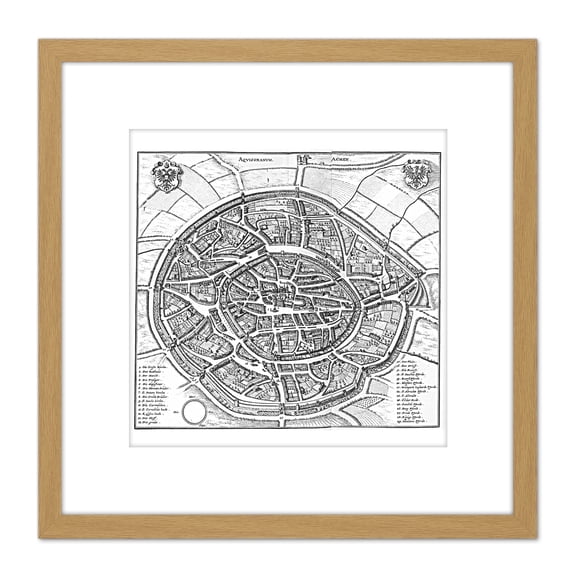 Map Antique Merian 1647 Aachen City Plan Old Replica 8X8 Inch Square Wooden Framed Wall Art Print Picture with Mount