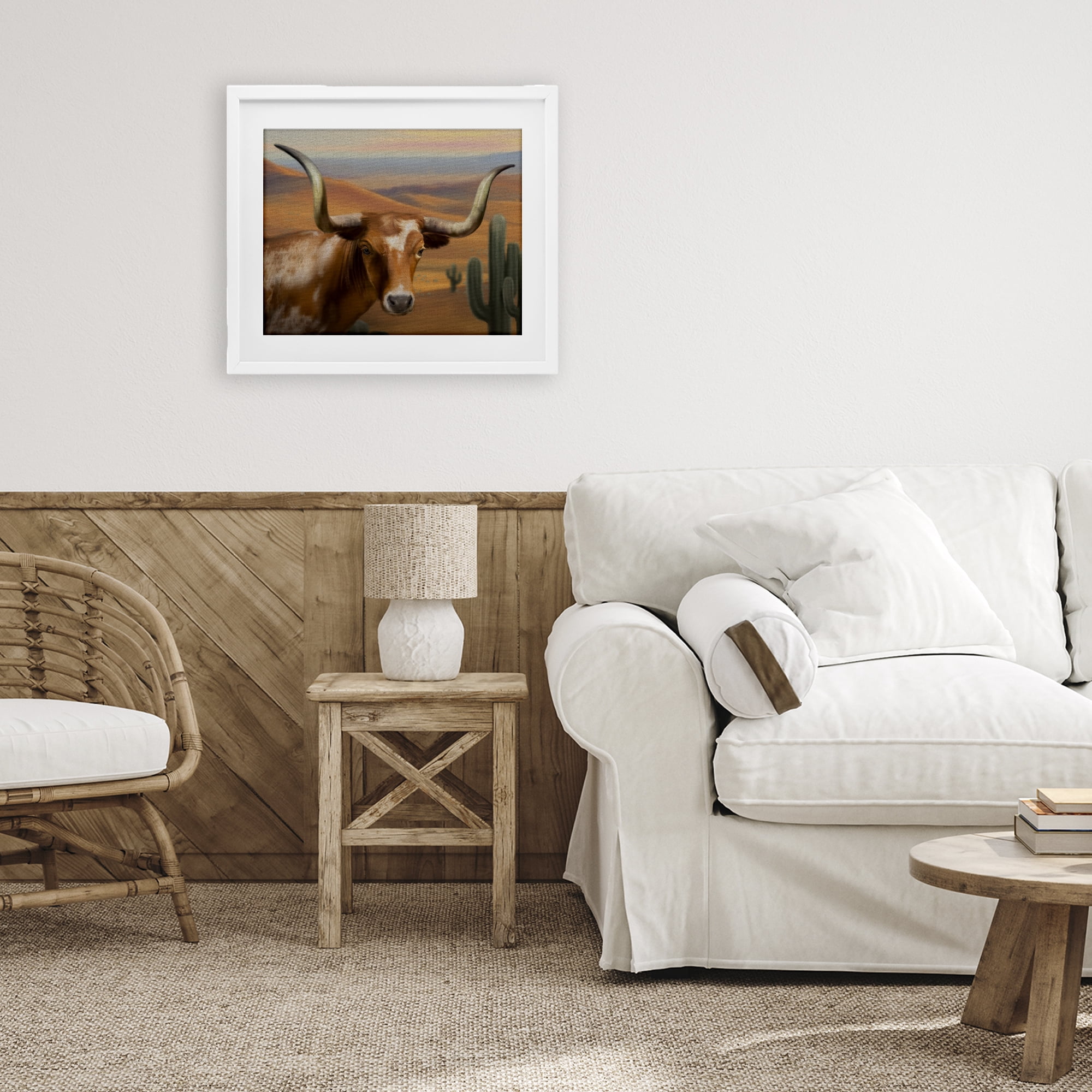 Stupell Industries Longhorn Western Landscape White Framed Print Under Glass, design by Matthew Piotrowicz