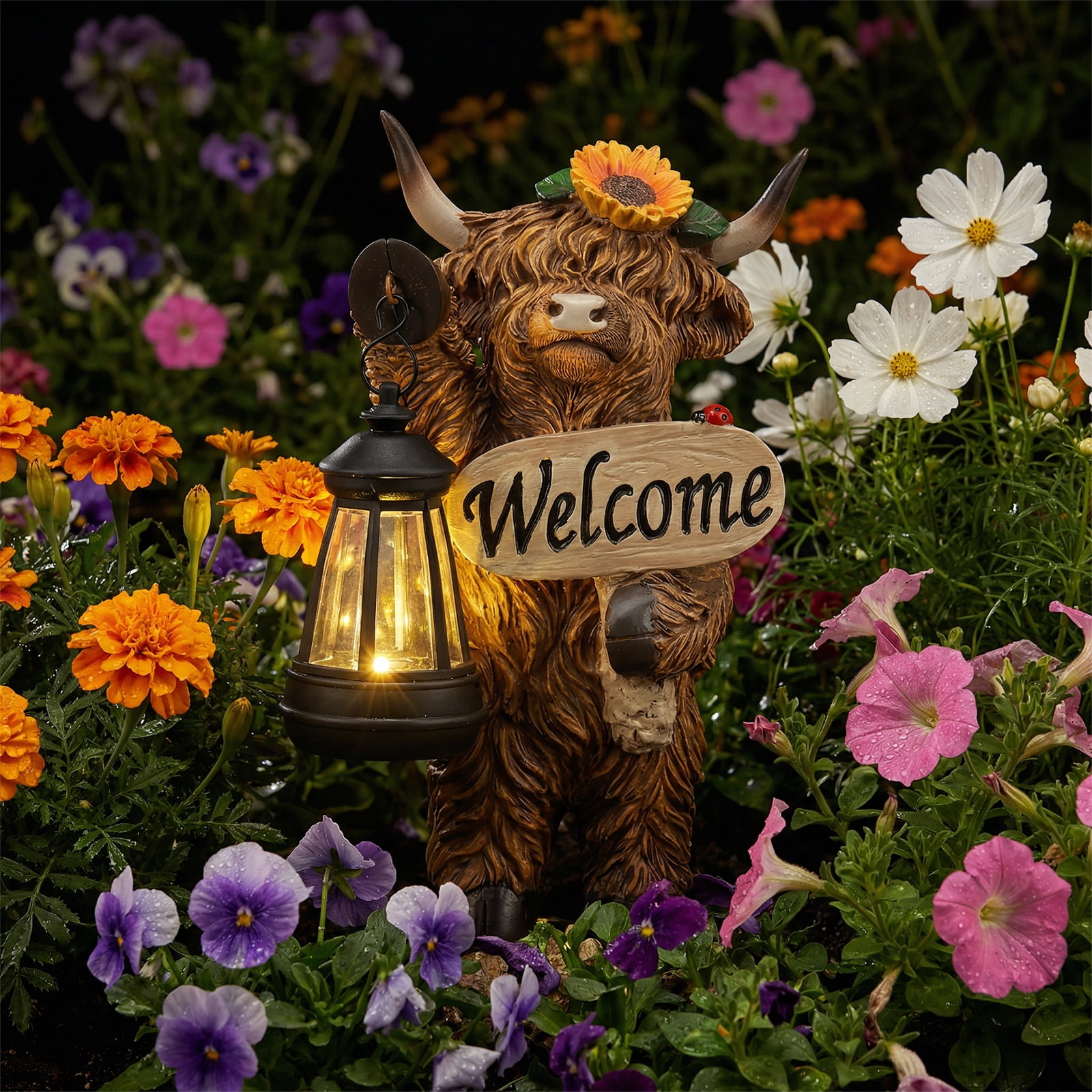 Threns Solar Highland Cow Garden Outdoor Statue,Highland Cow Figurines Sculpture with Light,Patio Balcony Yard for Pasture,Farm Theme Housewarming Gifts for Women Mom