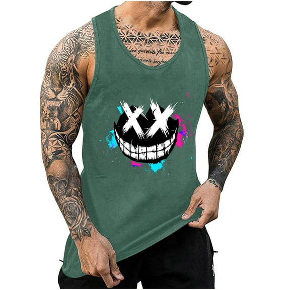 Men's Tank Top Graphic Print Round Neck Thin Strap Backless T Shirt Casual Trendy Sports Sleeveless Shirt