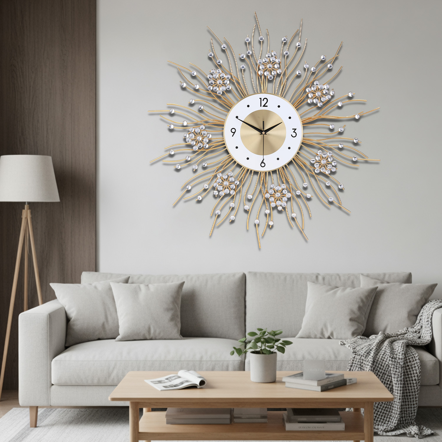 Luxury Sunburst Wall Clock with Crystal Accents -27.5 Inches Clock  Christmas & New Year Modern Decor for Living Room, Bedroom, Office