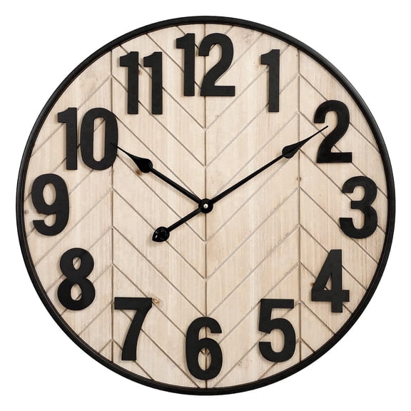 MODE HOME 24 inch Rustic Farmhouse Wooden Wall Clock, Black Metal Frame, Battery Operated Silent Movement, Brown
