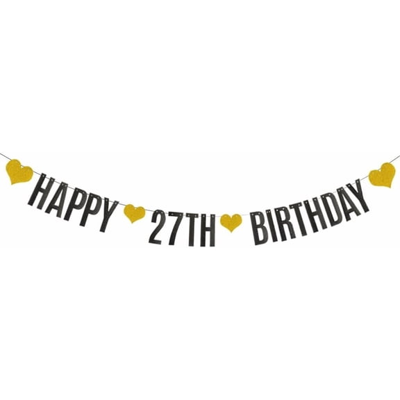 HAPPY 27TH BIRTHDAY Banner,Black Glitter Paper Banner for 27th Birthday Party Decorations Supplies,Pre-Strung, No Assembly Needed,Letters Black