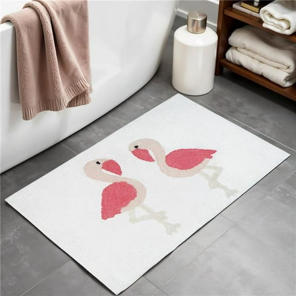 HomeRoots 635401 32 in. Pink & White Cotton Flamingo Bath Rug