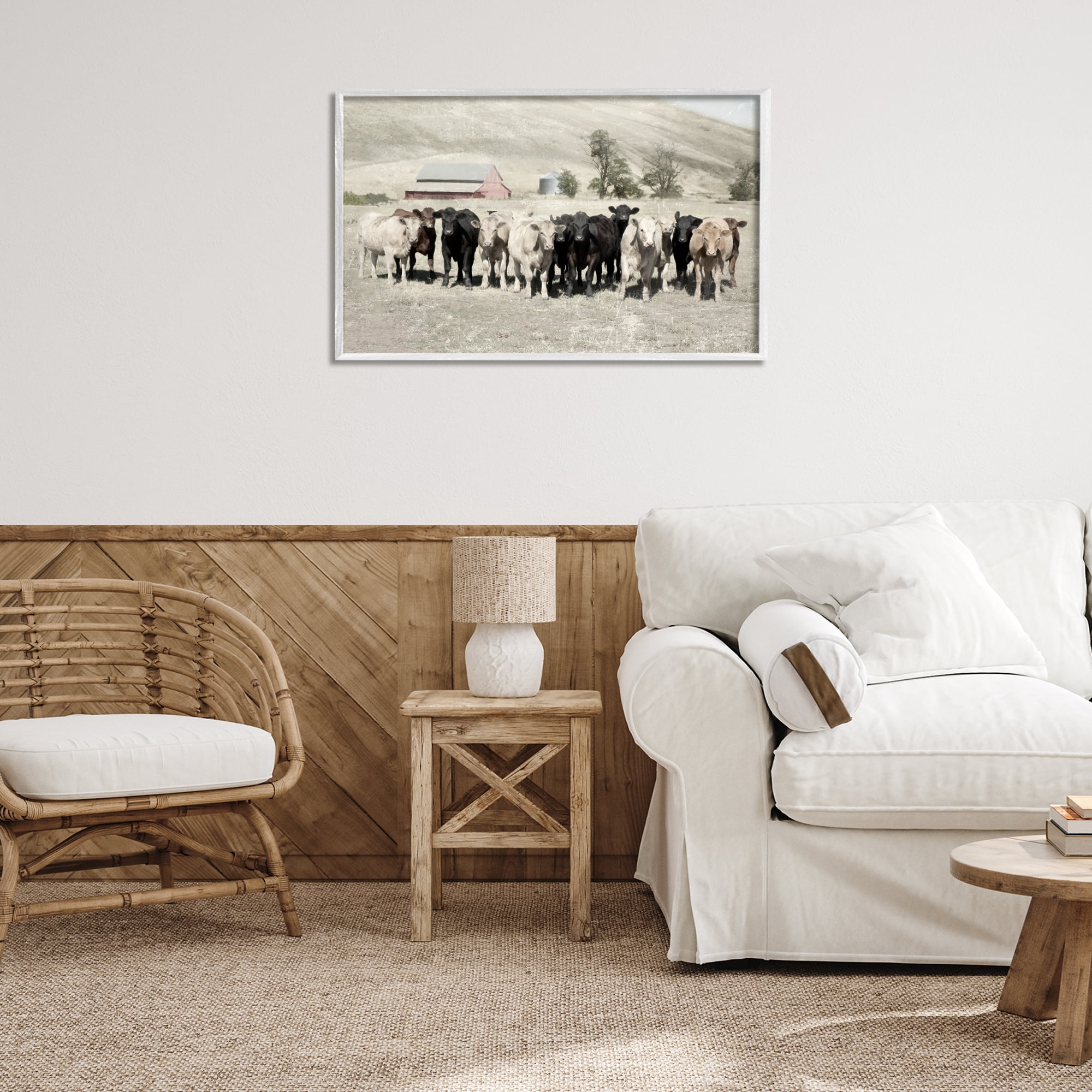 Stupell Industries Varied Cattle on Farm Landscape Painting White Framed Art Print Wall Art, 30 x 20