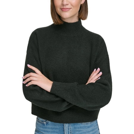Calvin Klein Jeans Women’s Boxy Cropped Long Sleeve Mock Neck Sweater – Black, Large