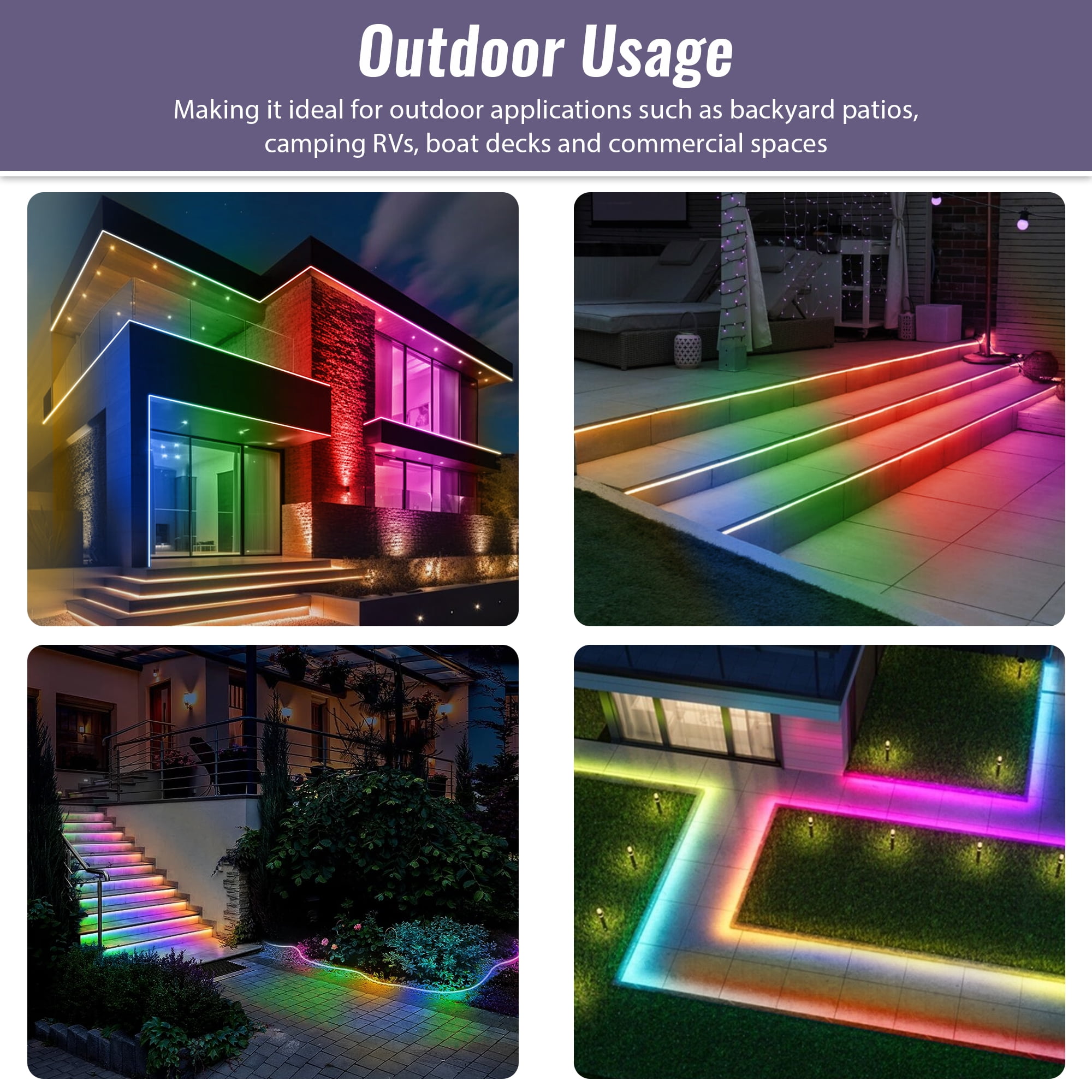 WYZworks 1860LEDs 100ft Colorful 16-Mode Flat LED Outside Strip Lights, SMD 2835, Waterproof Permanent Heavy Duty Outdoor Exterior Accent Lighting, ETL Certified, Connectable Flexible Clear PVC Shell