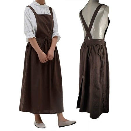 

Apron Pleated Cotton Long Apron X Back Kitchen Garden Florist Work Clothes Bib Dress (brown 38.5x34.6in)