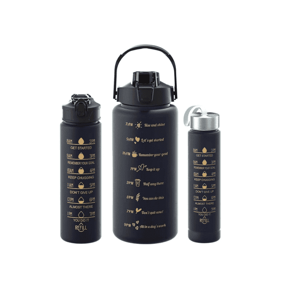 Sports Water Bottles 3 Pcs Set with Motivational Time Marker - Black Color