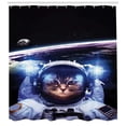 thumbnail image 2 of Cat Shower Curtain, Funny Astronaut Cat above Earth in Outer Space Explorer Kitty Mission Humor Art Image, Fabric Bathroom Set with Hooks, 69W X 84L Inches Extra Long, Blue White, by Ambesonne, 2 of 2