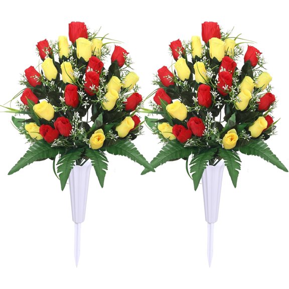 Artificial Cemetery Flowers,Outdoor Grave Decorations Roses,Arrangements Bouquet with Cemetery Vase, Silk Flowers for Long-Lasting Remembrance (Red Yellow)