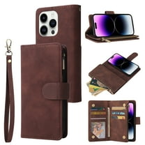 Dteck for iPhone 15 Pro Max Wallet Case,Soft Leather Zipper Wallet Case Magnetic Buckle Flip Cover with 5 Card Slots/Photo Pocks/Lanyard Strap for Apple iPhone 15 Pro Max 6.7 inch 2023,Coffee