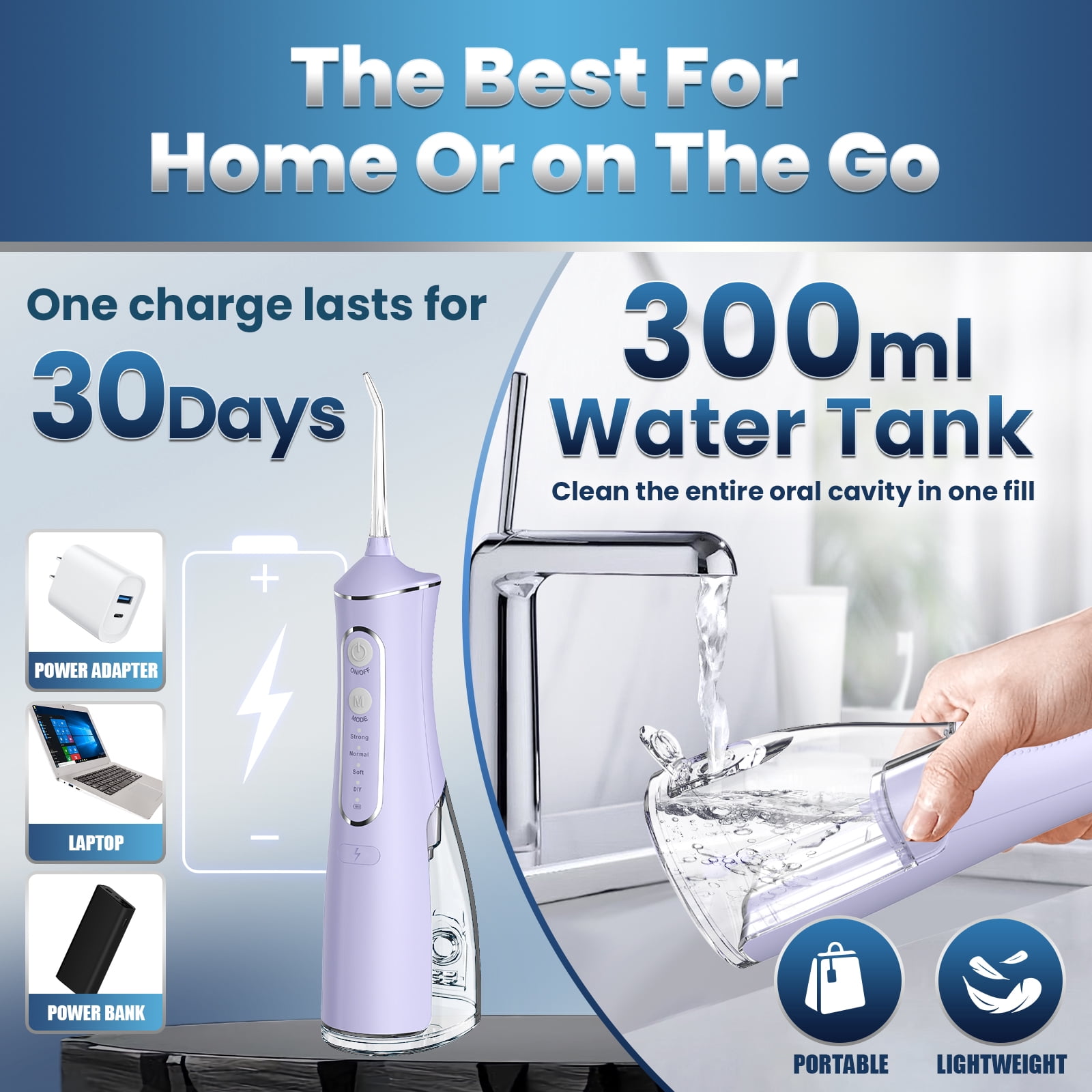 OasiSmile Water Flosser for Teeth Cleaning, Portable Cordless Dental Floss 300ML Rechargeable Oral Irrigator with 5 Jet Tips for Home Travel Office, Purple