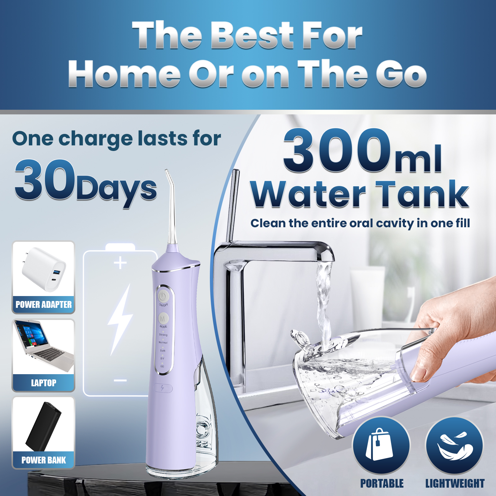 OasiSmile Irrigador Dental para Limpieza Dental, Irrigador Oral Inalámbrico Portátil Recargable de 300ml con 5 Puntas para Hogar, Viajes y Oficina, Púrpura 4