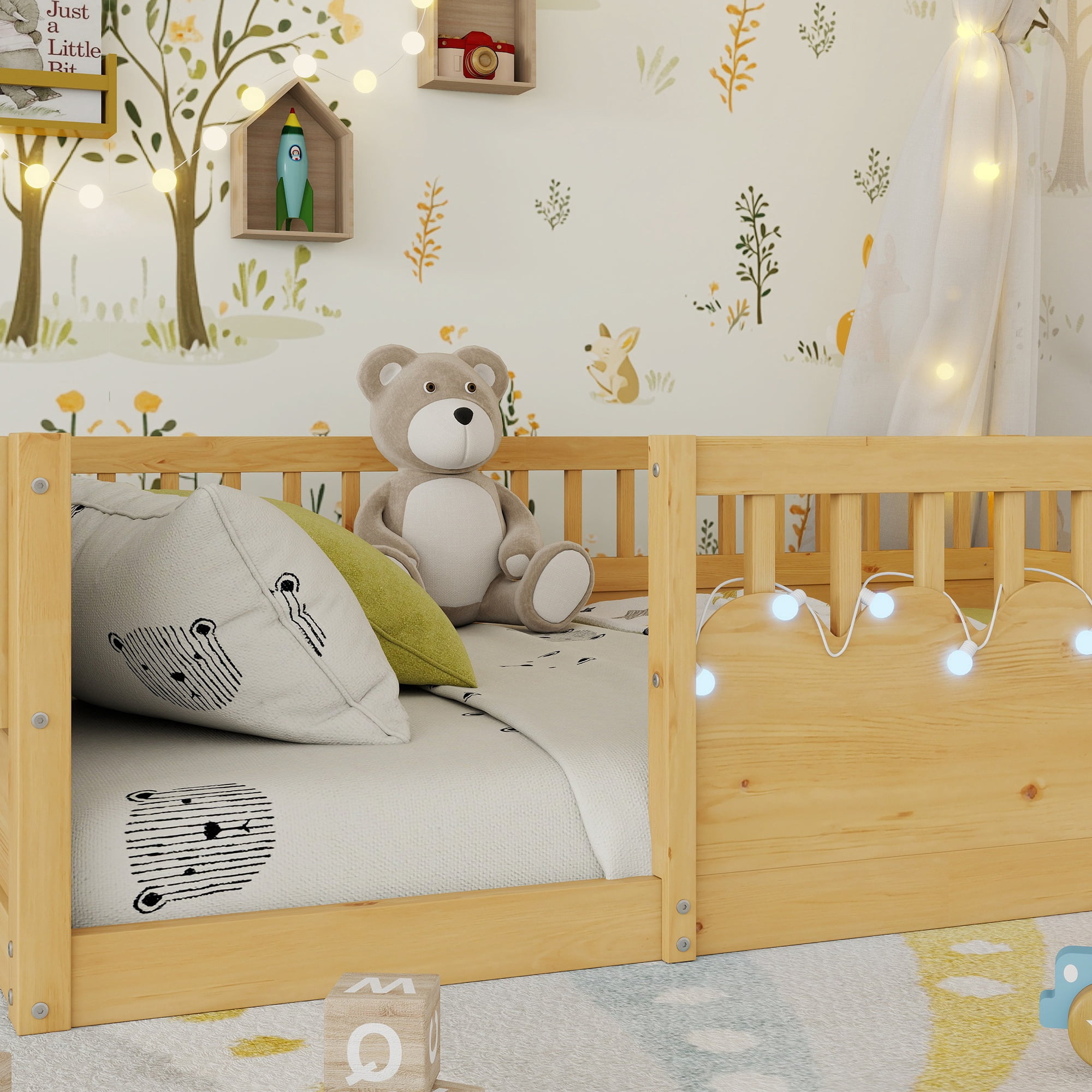 Montessori Floor Bed with High Rails, LED Lights & Storage Shelf, Safe & Wider Opening Gate Design, Full Size Floor Bed for Boys & Girls, Natural