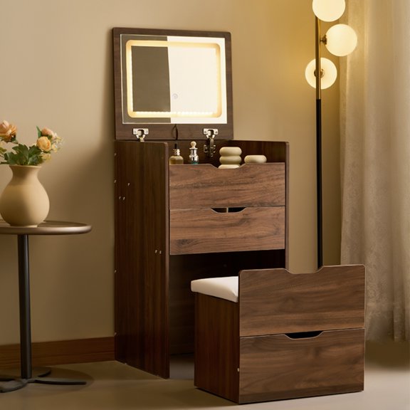 3-in-1 Flip Top Vanity Desk with LED Mirror, Compact Makeup Dressing Table with Glass Top, 3 Drawers & Stool, Multi-Functional Vanity/Nightstand/Desk for Small Spaces