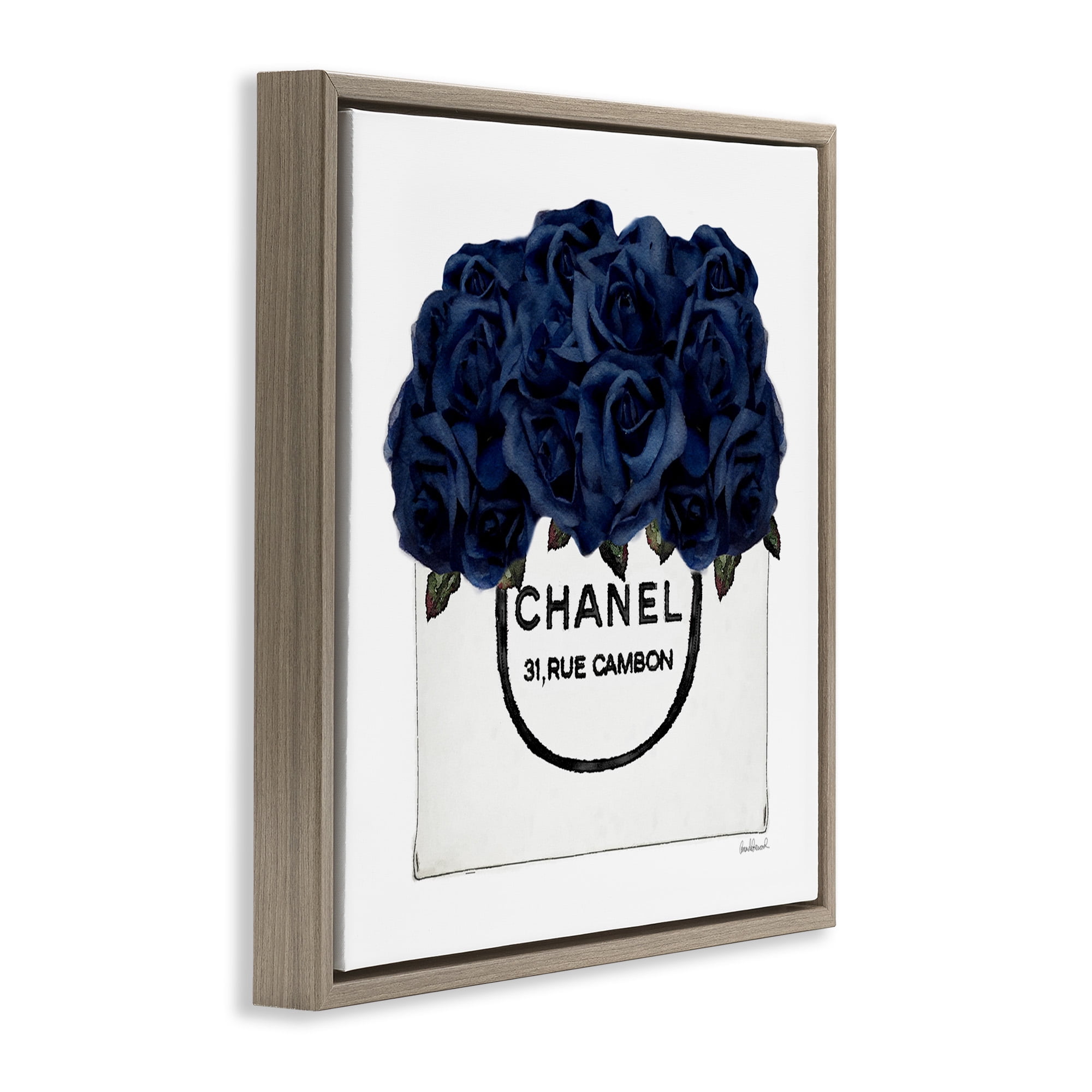 Stupell Industries Trendy Chic Navy Blue Roses Botanical & Floral Painting Brown Floater Framed Canvas Art Print Wall Art, 25 x 25