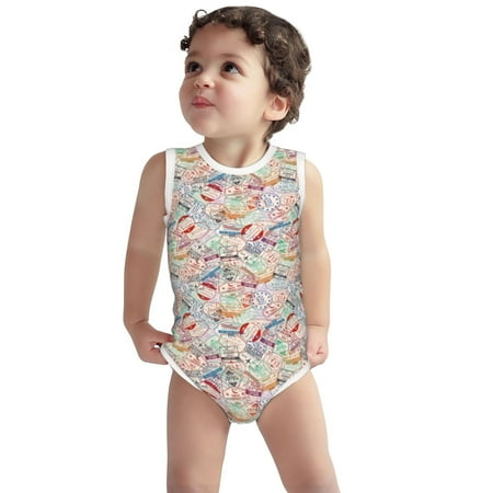 

Vsdgher Passport Stamp Print Baby Unisex Baby Cotton Sleeveless Bodysuits Soft and velvety comfortable and breathable