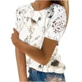 thumbnail image 2 of Fiudx Ofertas Del Día Mujer Estampado Cuello Redondo Encaje Ahuecado Manga Corta Pulóver Blusa Camiseta Tops, 2 of 5