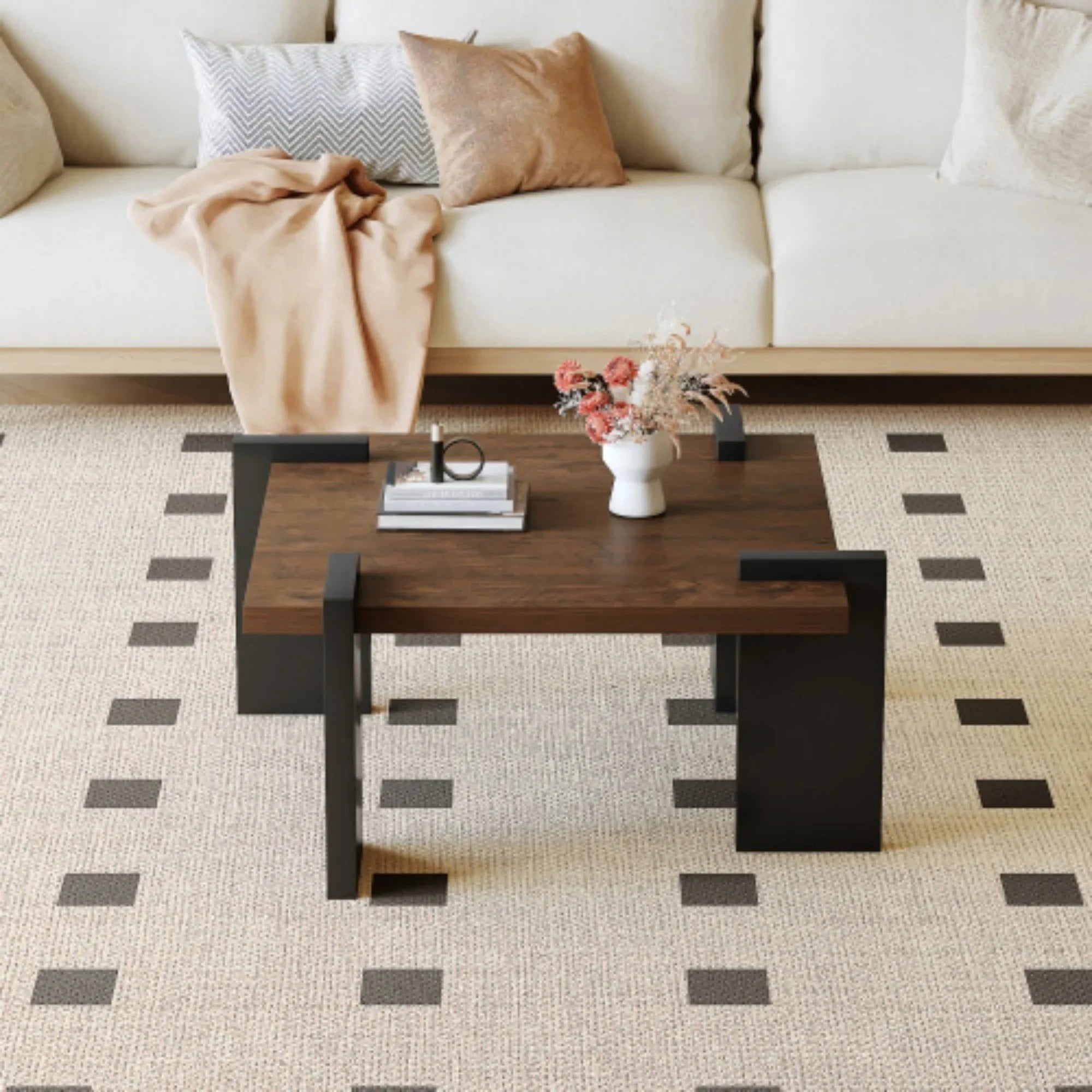 TesNus Modern Square Coffee Table with 4 Legs, Walnut Accent Table with Unique Design for Living Room or Bedroom, Durable and Easy to Clean Furniture Piece