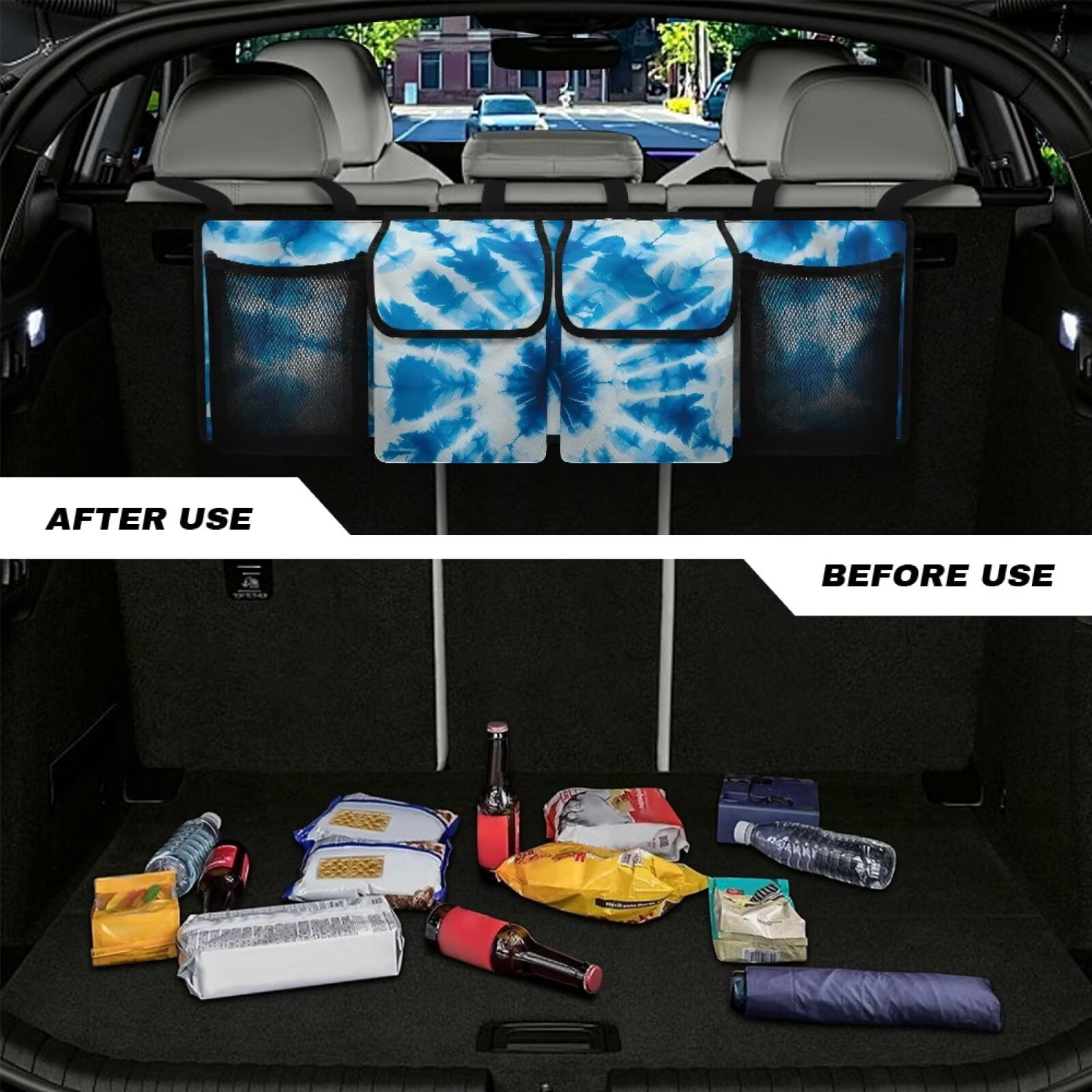 KUIFORTI Trunk Organizer for SUV Trunk Organizers and Storage, It Easy to Find Things, Blue Tie Dye Car Accessories Space-Saving Backseat Car Organizer with Adjustable Straps