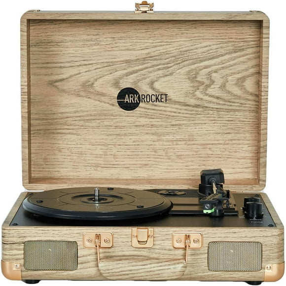 Arkrocket Curiosity Suitcase Bluetooth Turntable Vintage 3-Speed Record Player with Built-in Speakers Upgraded Turntable Audio Sound (Wood Grain)
