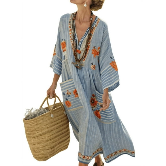 Women'S Summer Loose Oversized Cotton Linen Dress V Neck Boho Color Block Long Kaftan with Split Blue Flowers S