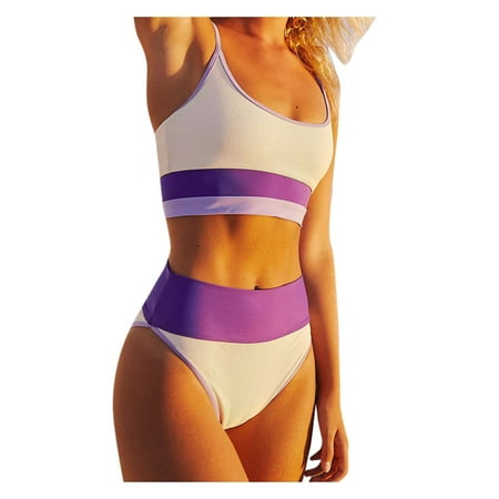 HAPIMO Women s Bikini Swimsuit Summer Seaside Clothes for Girls Color Block Beachwear Tank Top Bathing Suit Triangle Ribbed Swimwear Sets Discount Purple S