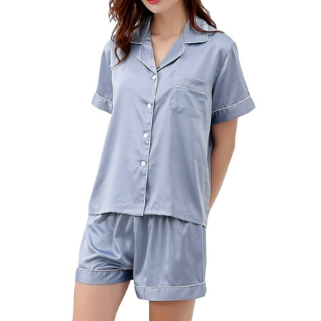 

Sanviglor Women Nightwear Button Down Lounge Set Short Sleeve Sleepwear Elastic Waist Pajamas Sets Home Clothes 2 Piece Outfits Gray Blue S