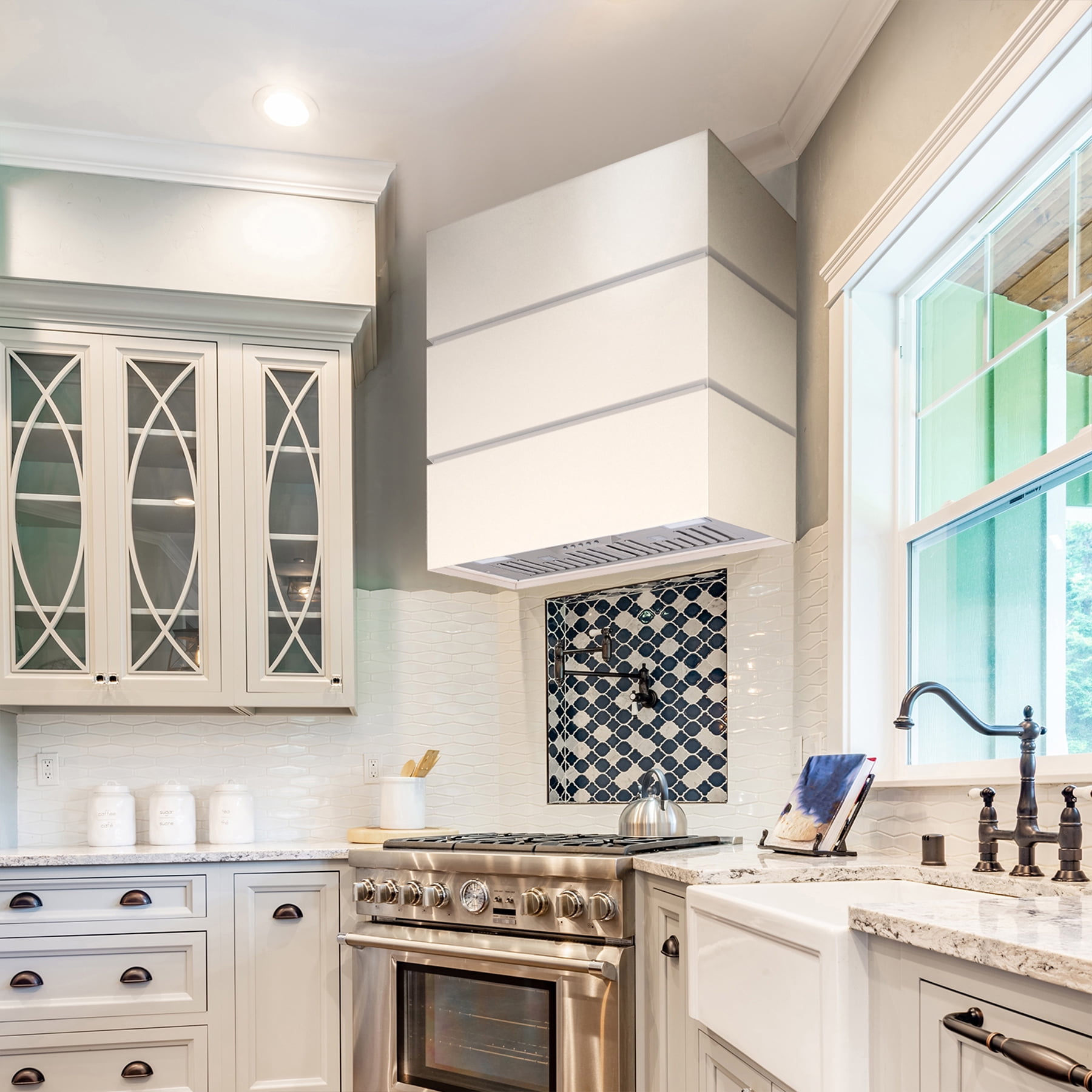 Akicon 30" Stainless Steel Range Hood, 3 Stacks Modern Box Ducted Kitchen Hood with Powerful Vent Motor, Wall Mount, 30"W*30"H*14"D, Signal White