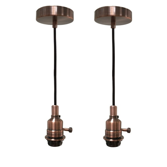 Royal Designs Vintage-Style Antique Copper Keyless Uno Threaded Dimmable Pendant Light Socket and Canopy with Brown Rayon Fabric Cord, Set of 2