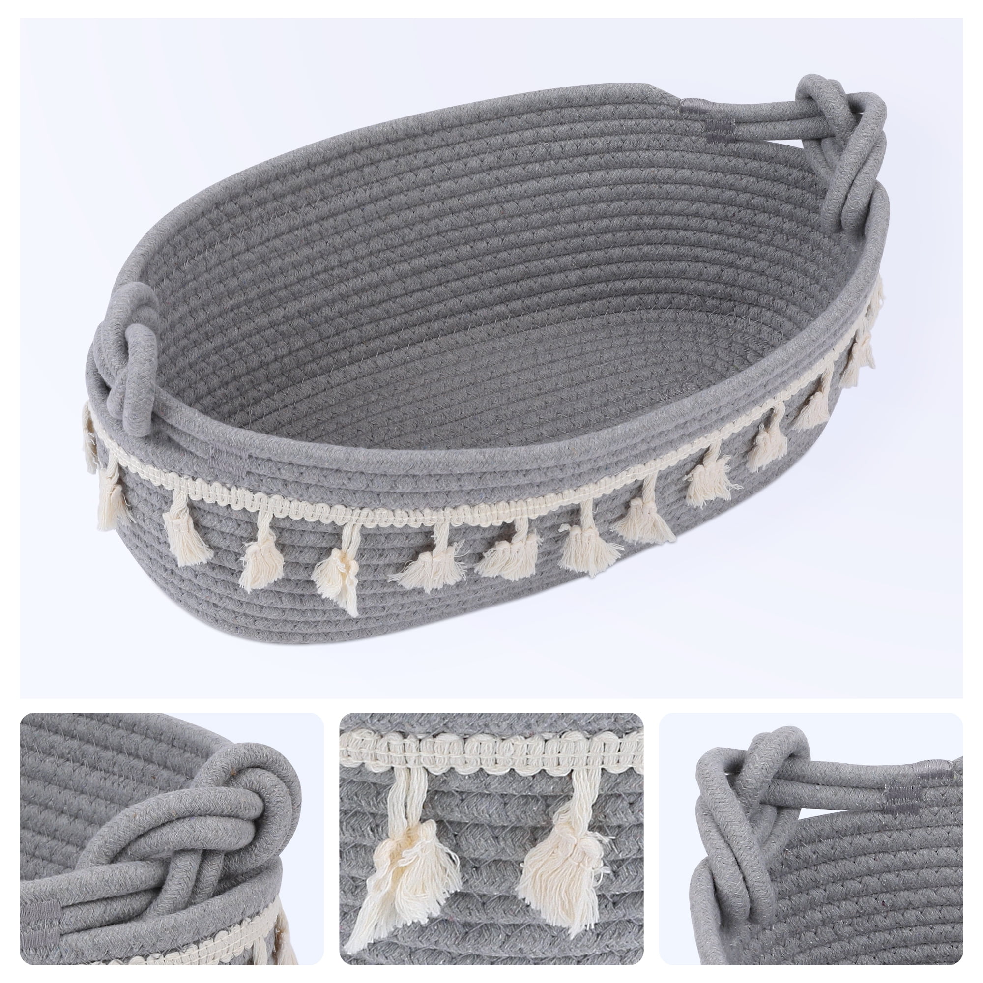 Unique Bargains Storage Basket Shelf Bin with Tassels Light Gray 13.4*6.3*4.7in