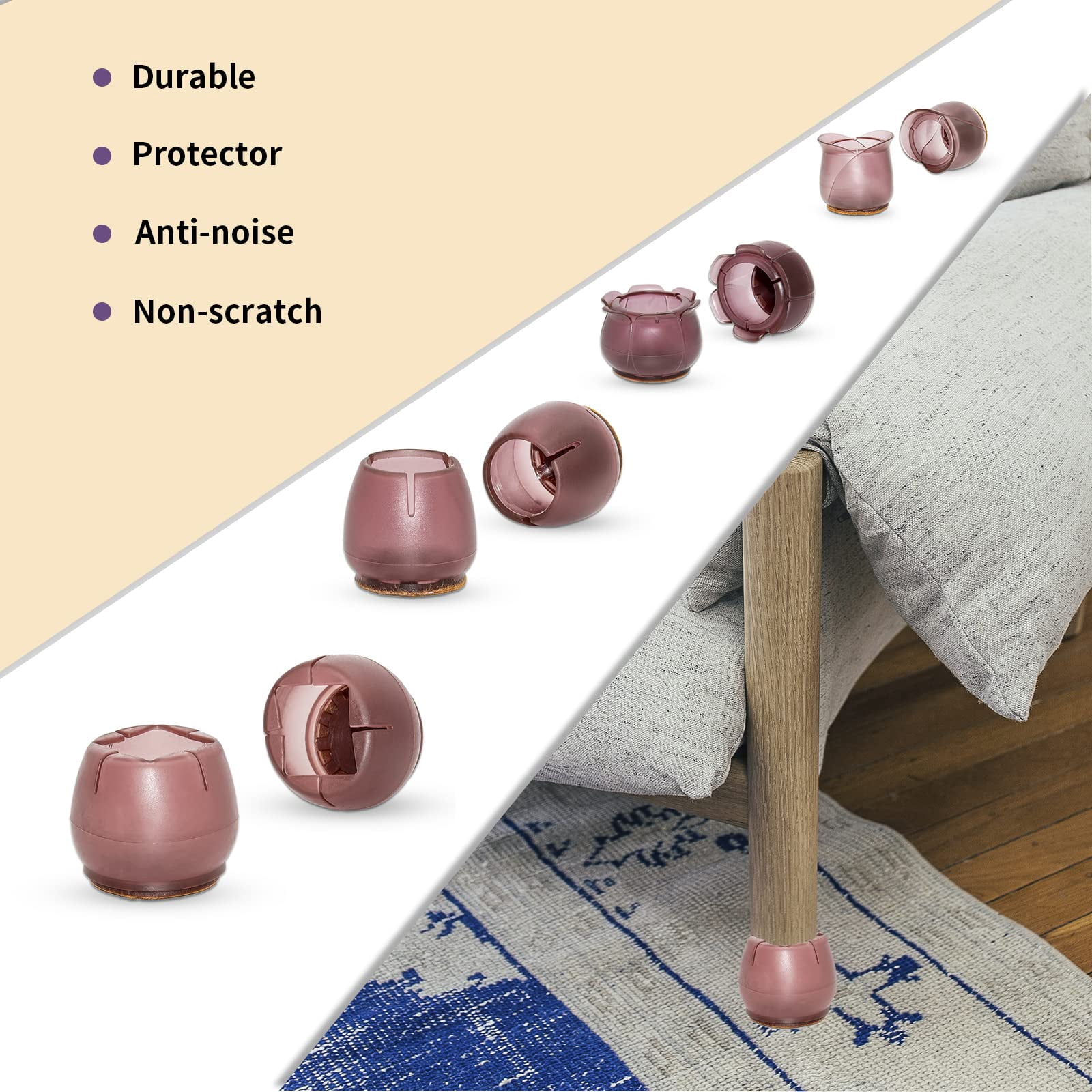 Flyshop 8PCS Round Chair Leg Caps with Felt Pads Durable PVC Protective Feet Cap Prevent Scratches Reduce Noise Felt Furniture Pads, Brown Floor Protectors, 45 to 51 mm