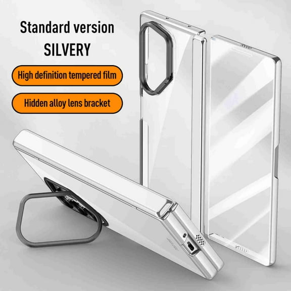 Dteck for Samsung Galaxy Z Fold 6 Case with Hinge Protection, Ultra Slim Plating Hard PC Clear Case with Hidden Stand Full Body Shockproof Case with Metal Camera Protector,Silver HD Screen Protector