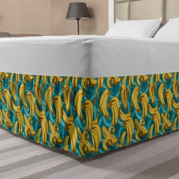 Banana Bed Skirt, Exotic Fruit Arrangement on a Blue Toned Background Retro Style Hawaiian, Elastic Bedskirt Dust Ruffle Wrap Around for Bedding Decor, 4 Sizes, Mustard Pale Blue Fawn, by Ambesonne