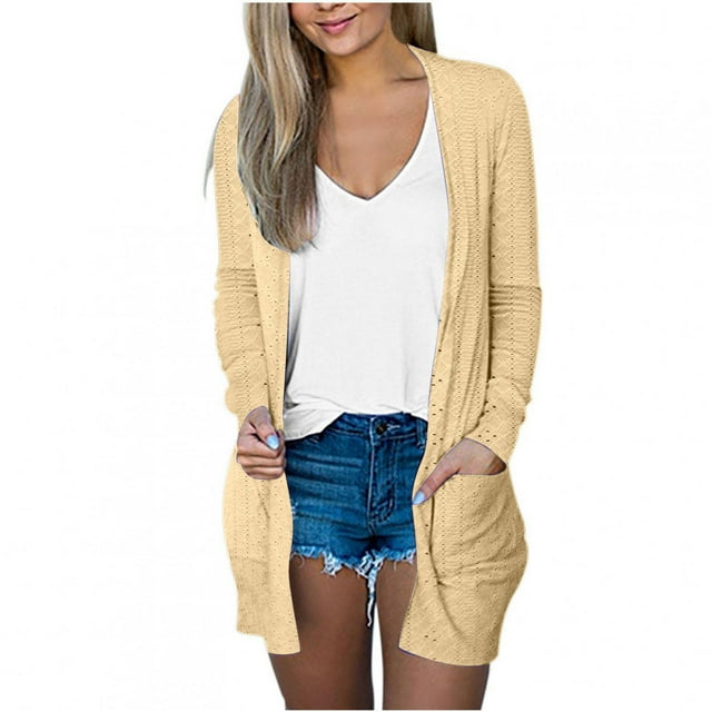 Timegard Cardigan pour Femmes à Oeillets, Léger, Ouvert à l'Avant, Manches Longues, Manteau de Plage, Couvre-Maillot avec Poches