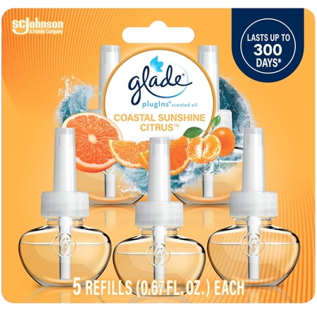 Glade PlugIns Refills Air Freshener,Coastal Sunshine Citrus, Scented and Essential Oils for Home and Bathroom, 0.67 Fl Oz, 5 Count